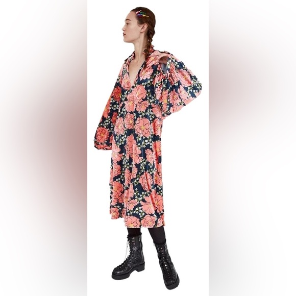 Zara Trafaluc Balloon Sleeve Floral Velvet Midi Dress Size S - Picture 3 of 8